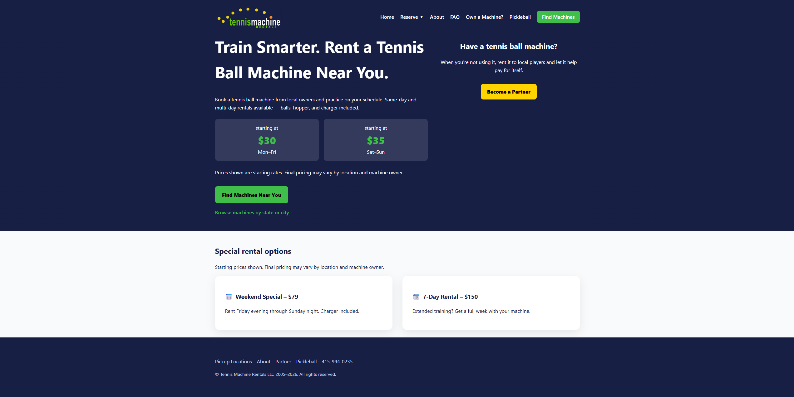 Tennis Machine Rentals marketplace listing page
